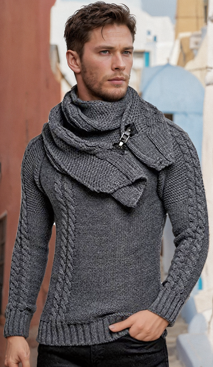 Men's fashionable scarf pullover solid color twist knitted sweater top