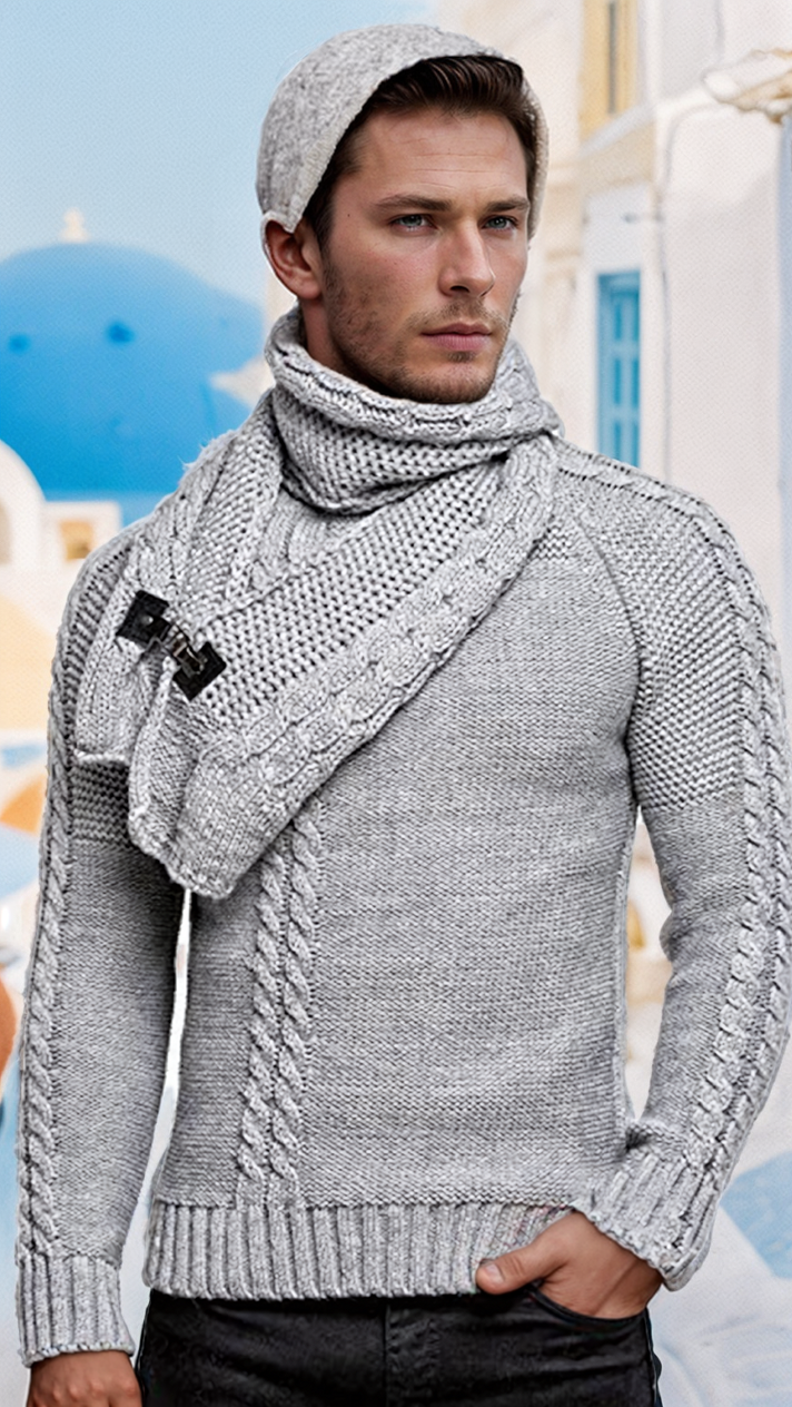 Men's fashionable scarf pullover solid color twist knitted sweater top